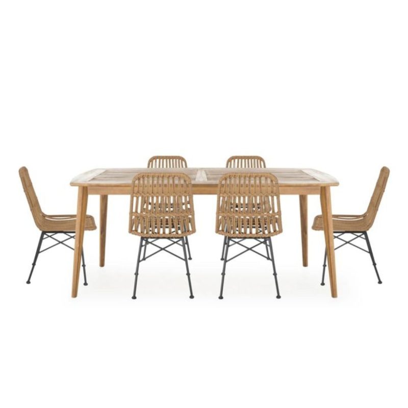 Modern Rattan Bistro 6 Chairs Rectangle Table Set Cover
